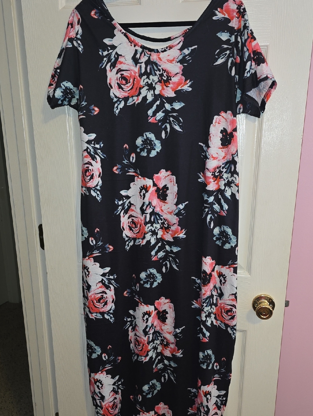 Navy Floral‎ Maxi Dress with Pink Rose Print